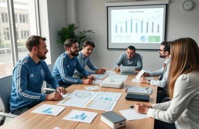 Jogadores e gestores em reunião de planejamento financeiro