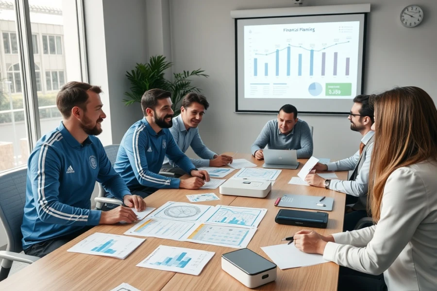 Jogadores e gestores em reunião de planejamento financeiro