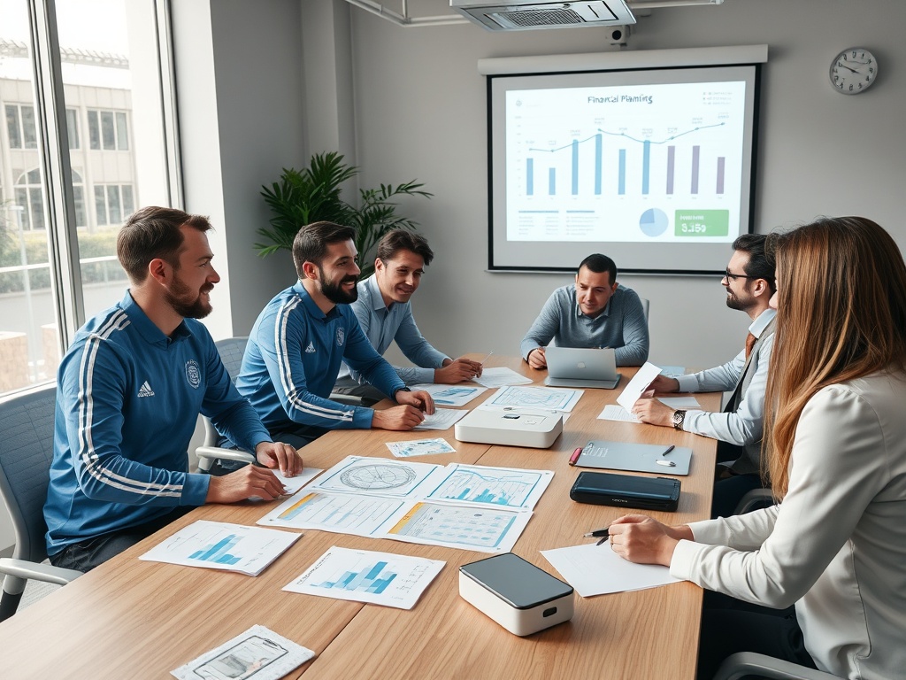 Jogadores e gestores em reunião de planejamento financeiro