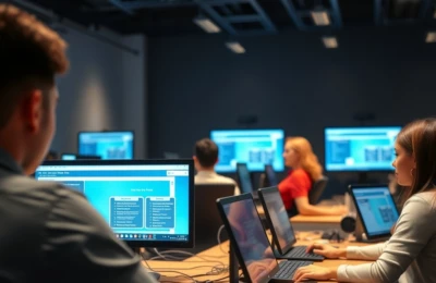 Sala de aula digital com computadores e alunos conectados